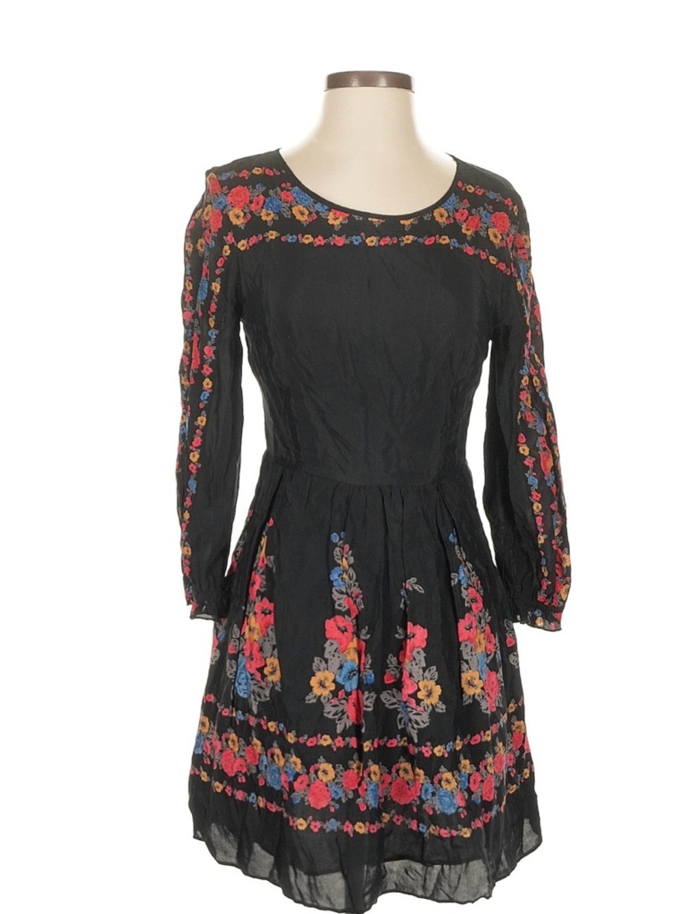 Free People Black Floral Long Sleeve Fit-and-Flare Dress